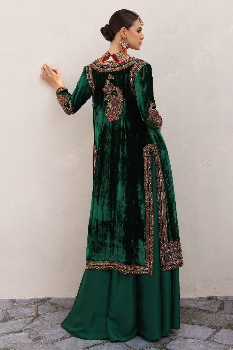 Pakistani Lush Green Embellished Velvet Jacket & Raw Silk Lehenga (2-Piece) - Image 9