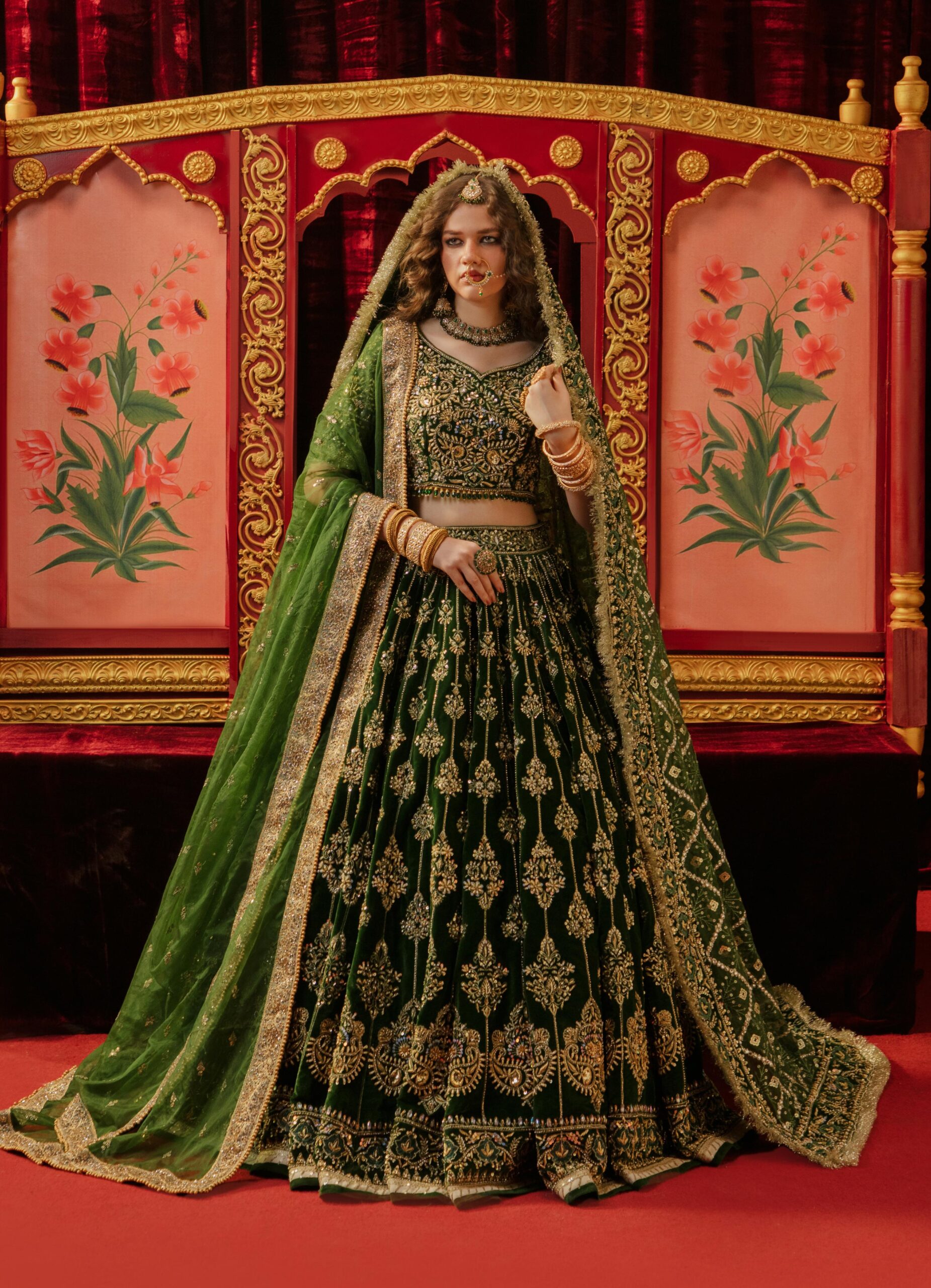Gai Green Embroidered Velvet Lehenga Set (3-Piece) - Image 1