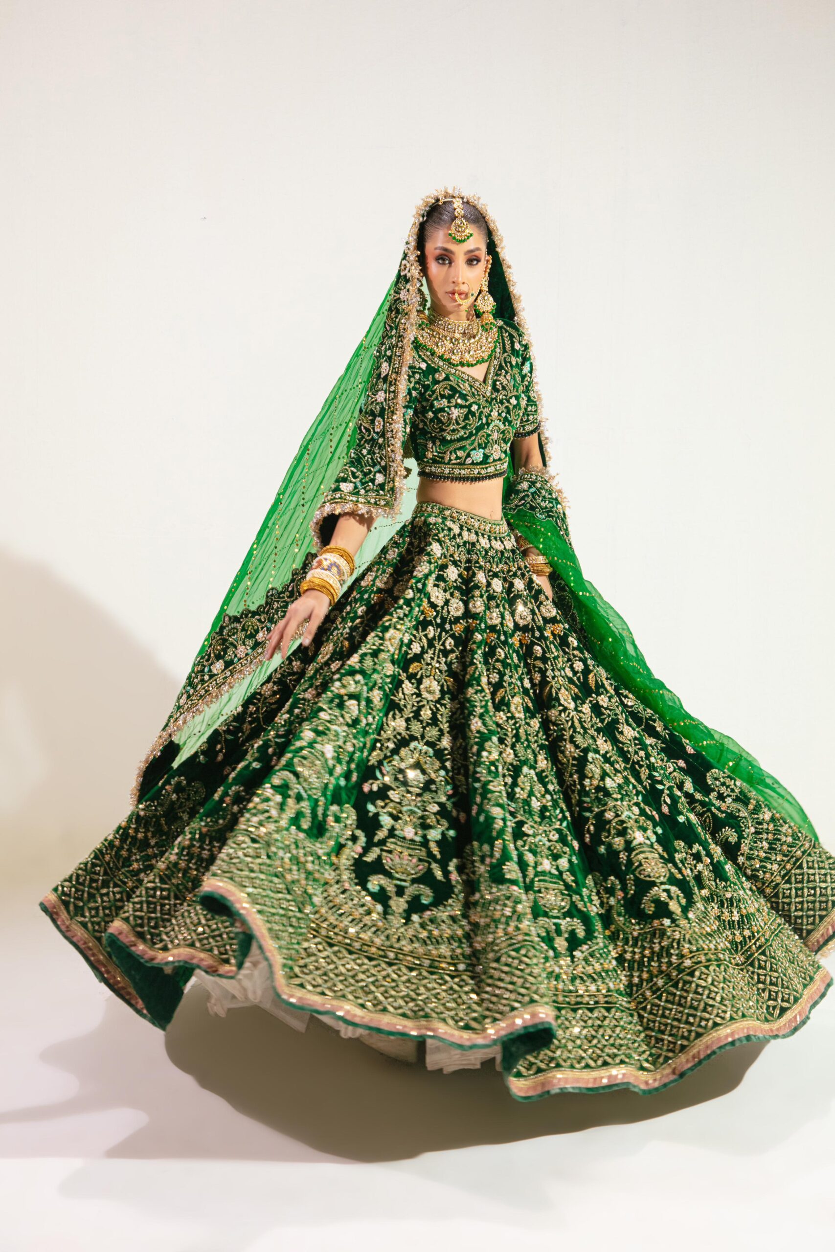 Pakistani Emerald Green Embroidered Velvet Bridal Lehenga (3-Piece) - Image 1