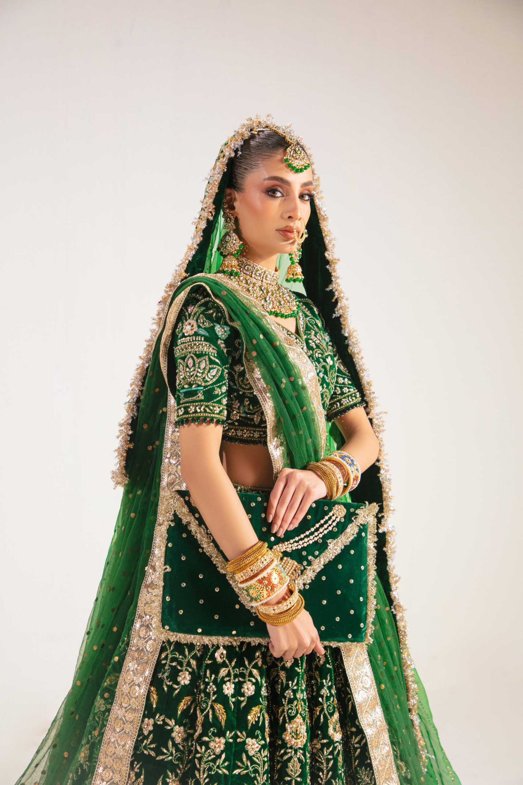 Pakistani Emerald Green Embroidered Velvet Bridal Lehenga (3-Piece) - Image 5