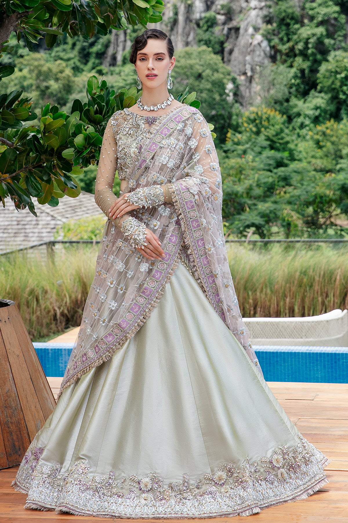 Pakistani Mint Zari Tissue Lehenga with Hand-Embellished Blouse (3-Piece) - Image 1