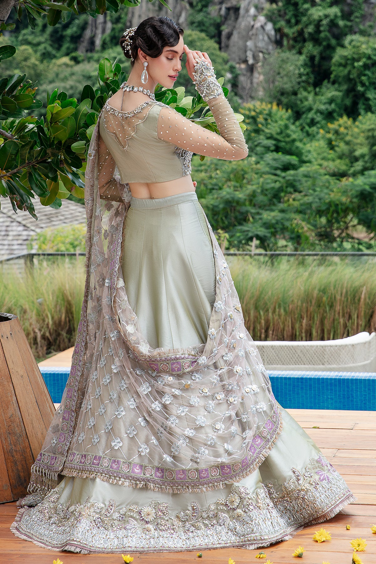 Pakistani Mint Zari Tissue Lehenga with Hand-Embellished Blouse (3-Piece) - Image 2