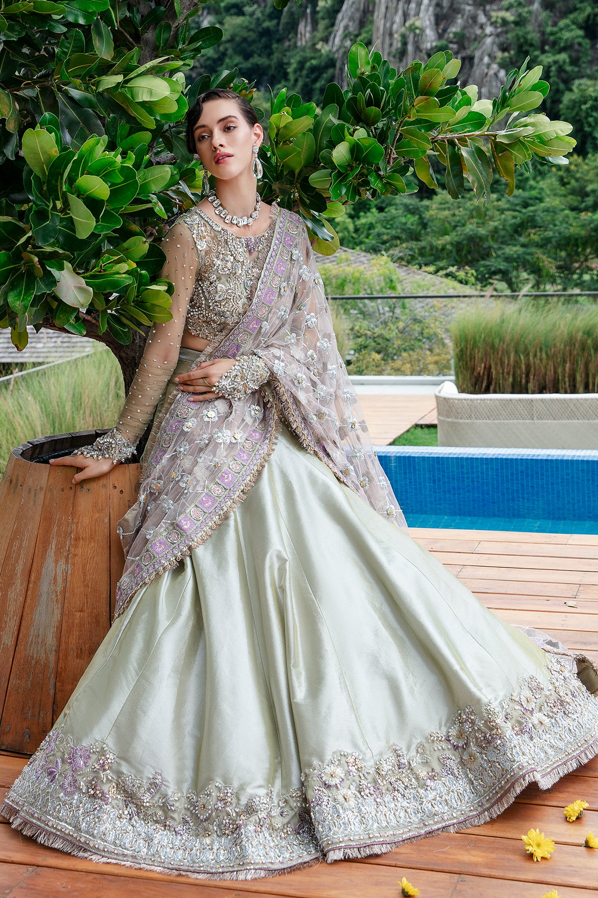 Pakistani Mint Zari Tissue Lehenga with Hand-Embellished Blouse (3-Piece) - Image 7