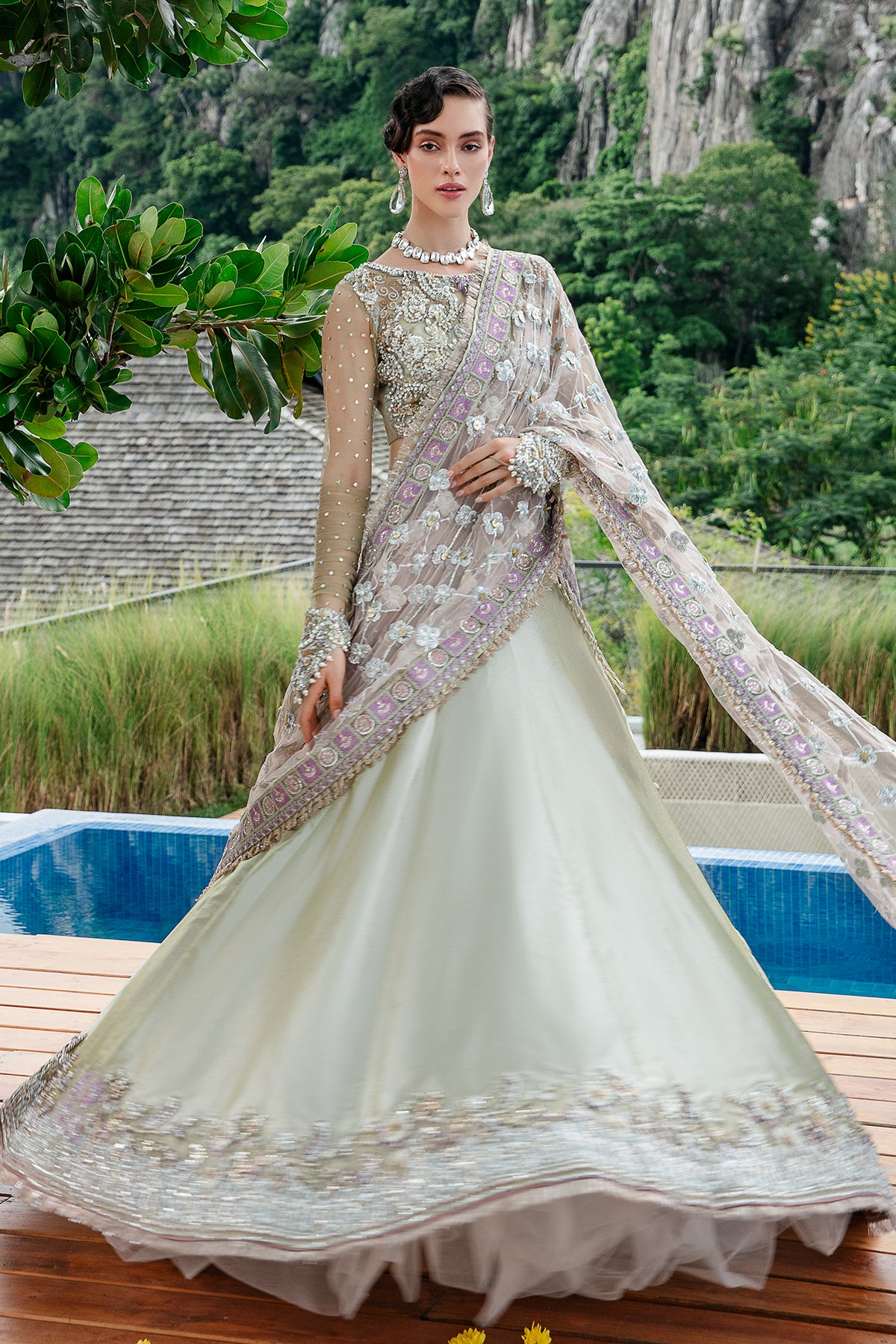 Pakistani Mint Zari Tissue Lehenga with Hand-Embellished Blouse (3-Piece) - Image 9