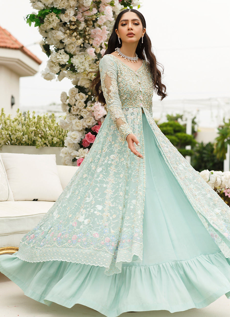 Pakistani Mint Green Embellished Tissue Organza Kalidaar Lehenga (3-Piece) - Image 1