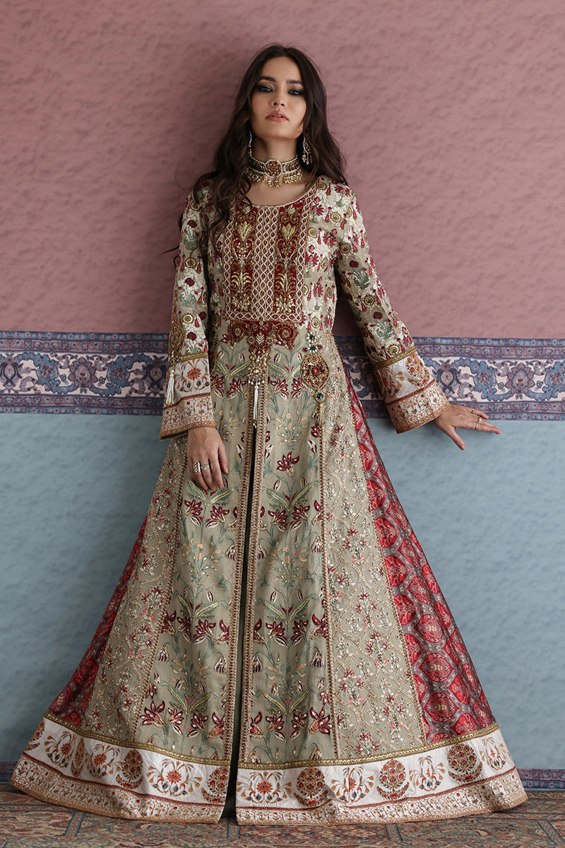 Pakistani Light Green Zardozi Cotton Net & Silk Bridal Maxi (2-Piece) - Image 3