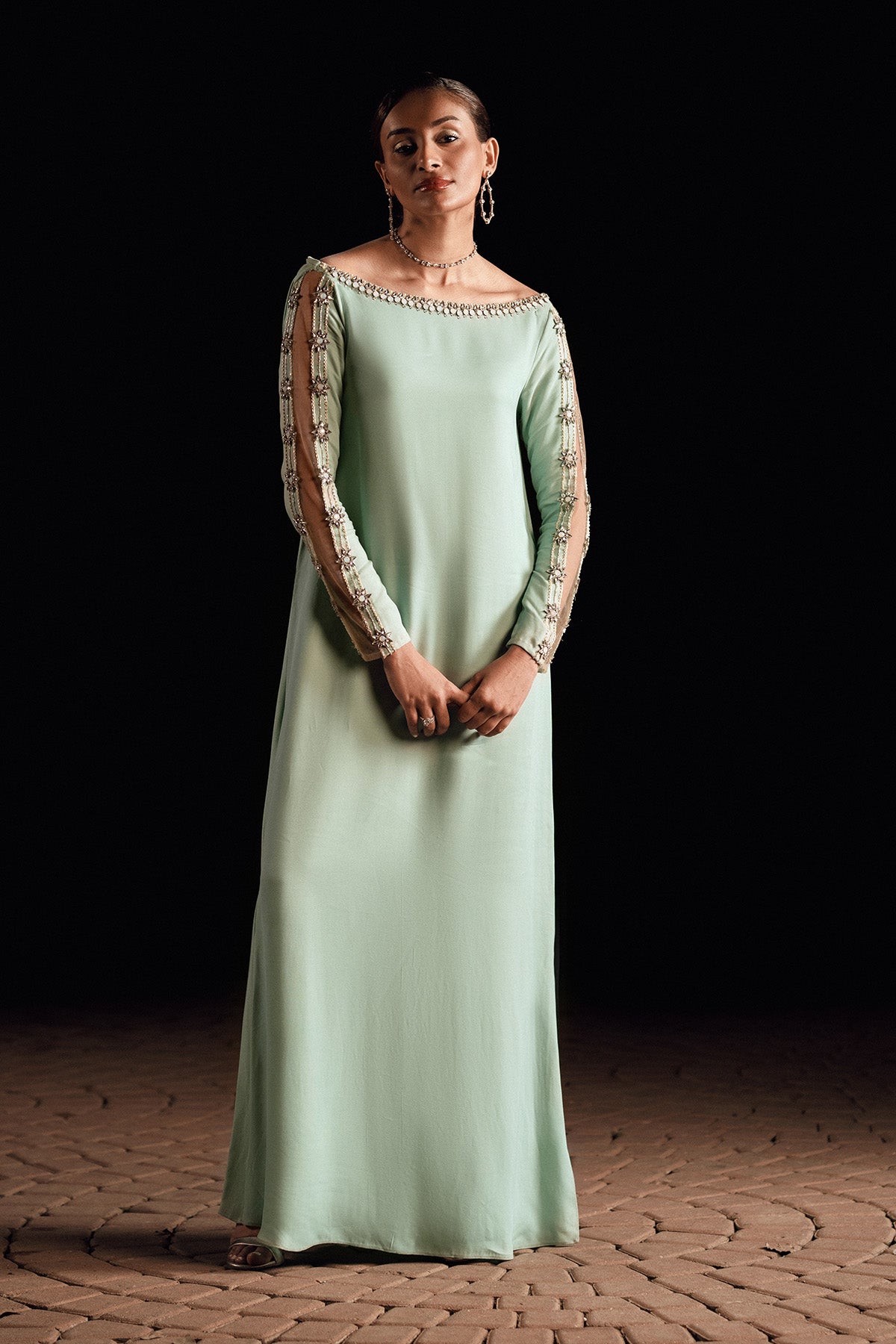 Sea Green Embellished Georgette Maxi Dress (1-Pc) - Image 1