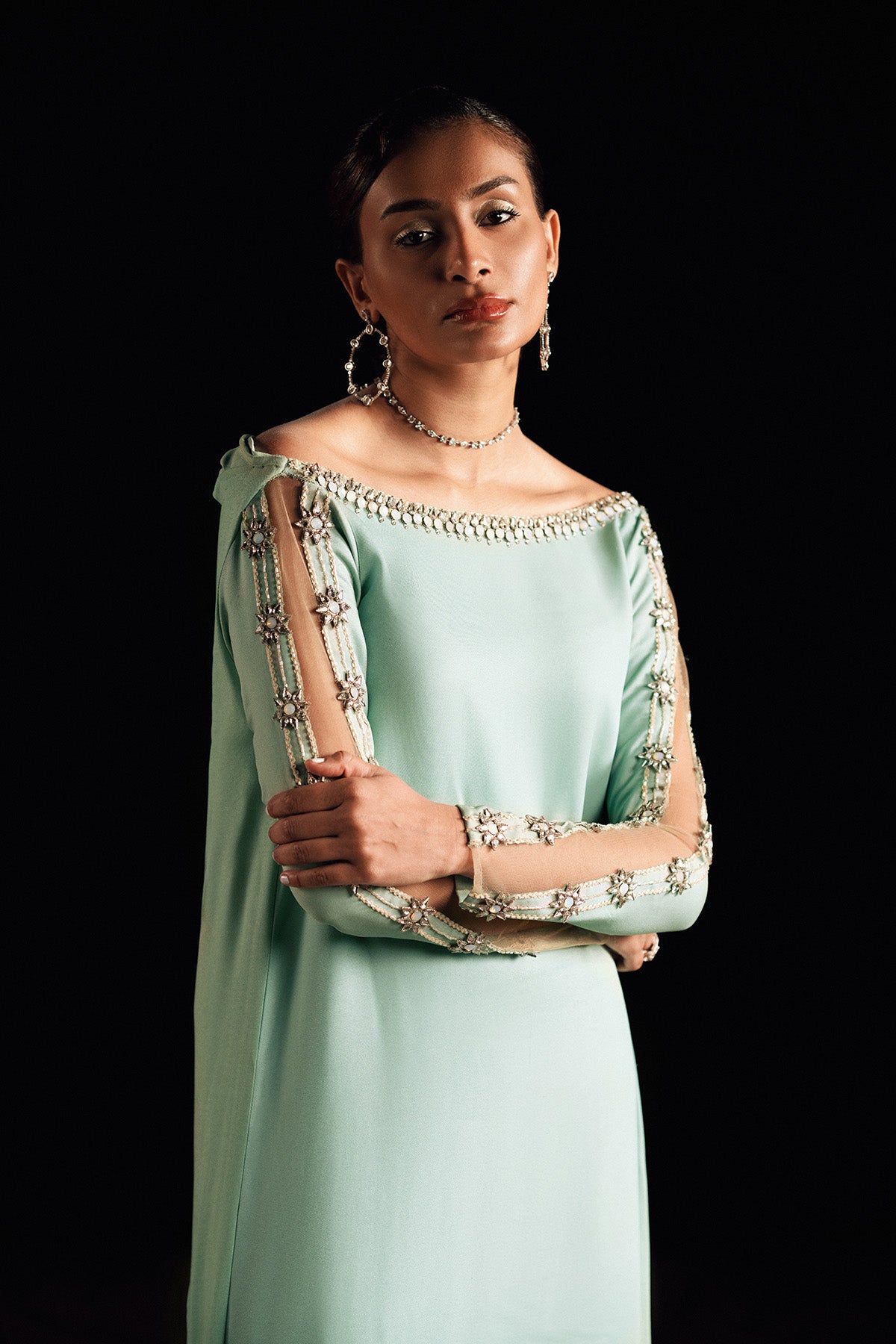 Sea Green Embellished Georgette Maxi Dress (1-Pc) - Image 2
