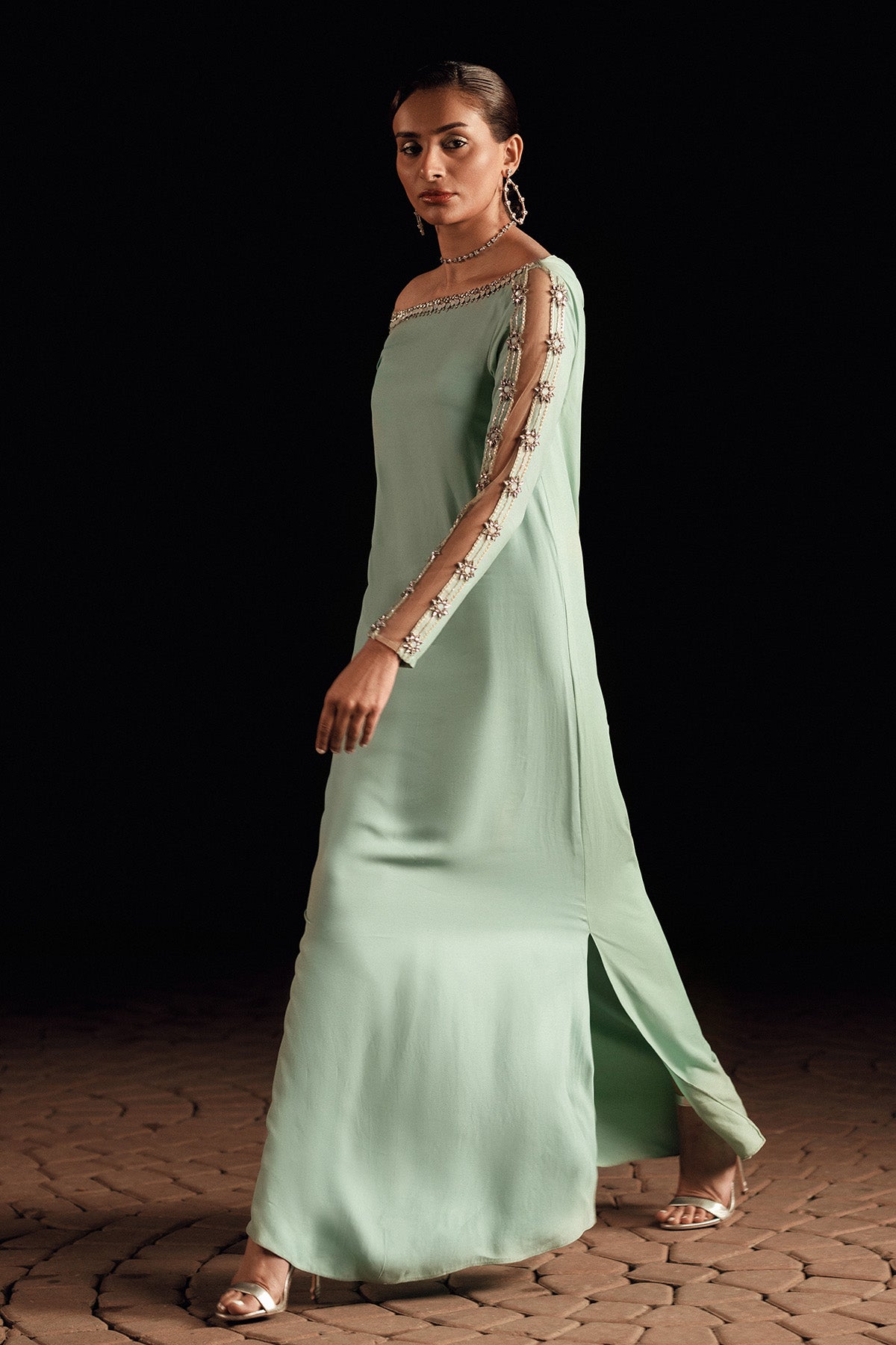 Sea Green Embellished Georgette Maxi Dress (1-Pc) - Image 3
