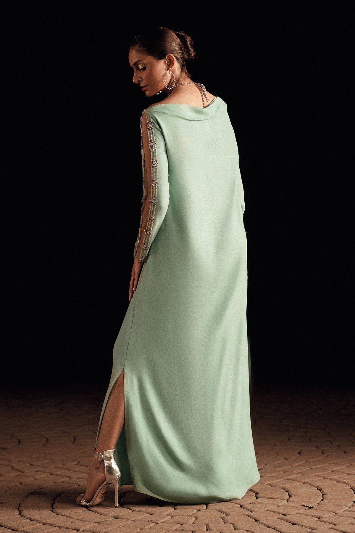 Sea Green Embellished Georgette Maxi Dress (1-Pc) - Image 4