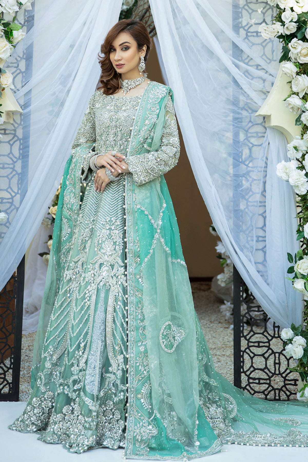 Pakistani Ombre Green Embellished Net Maxi (2-Piece) - Image 1