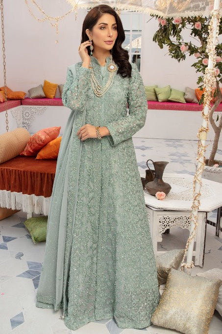 Pakistani Seafoam Green Embroidered Net Maxi Dress (2-Piece) - Image 1