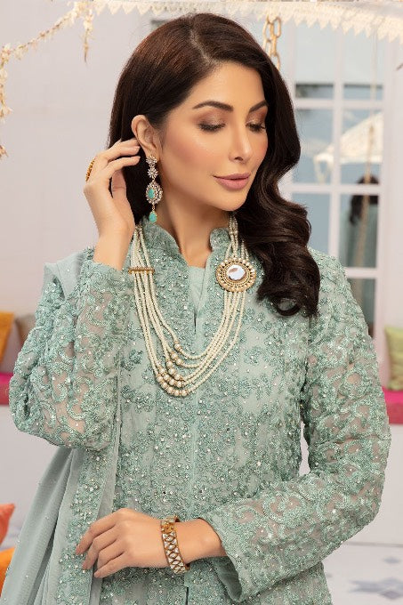 Pakistani Seafoam Green Embroidered Net Maxi Dress (2-Piece) - Image 2