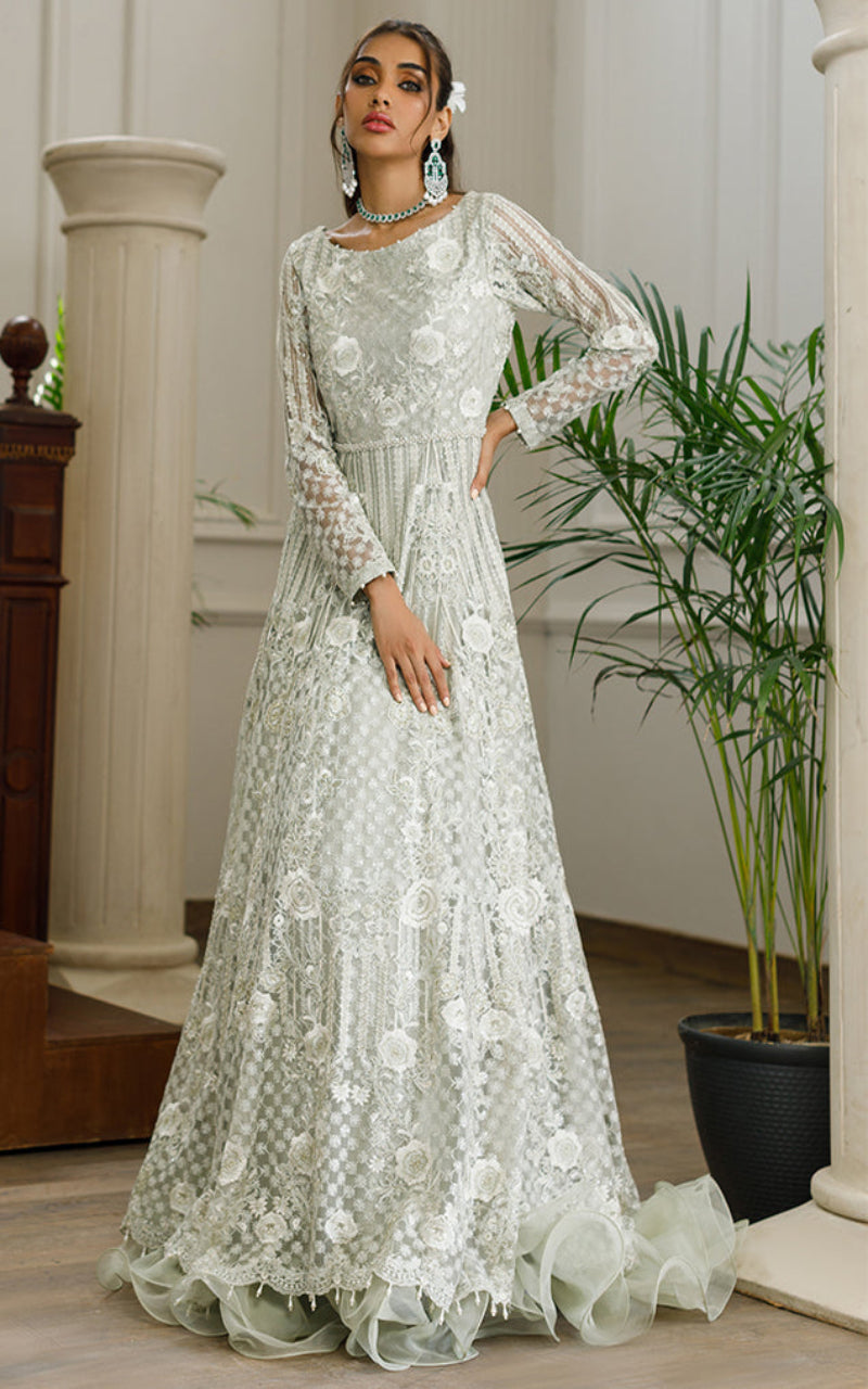 Pakistani Green Embroidered Net Maxi Dress (1-Pc) - Image 1