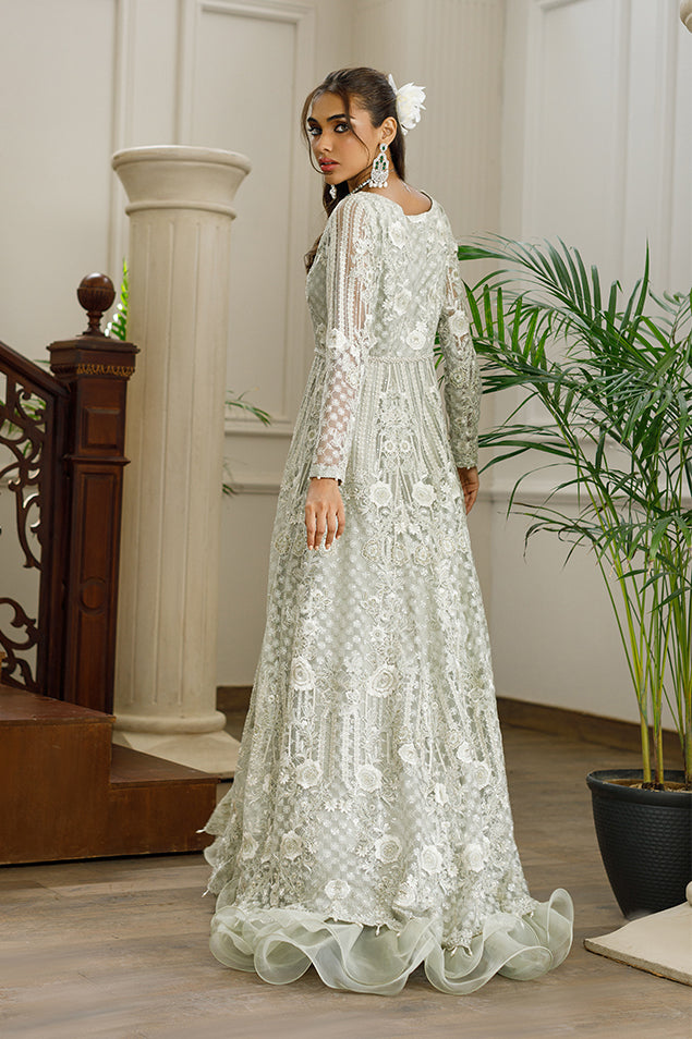 Pakistani Green Embroidered Net Maxi Dress (1-Pc) - Image 2