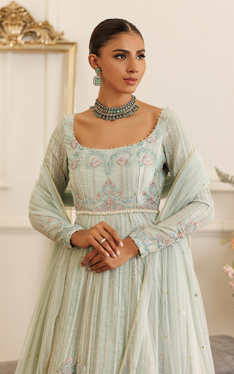 Pakistani Mint Green Embroidered Organza Maxi Dress (2-Piece) - Image 2