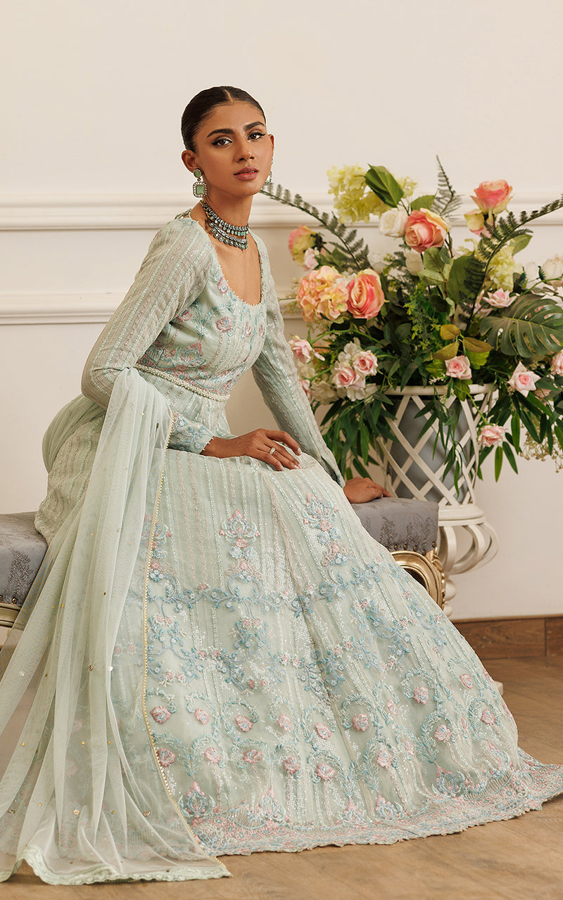 Pakistani Mint Green Embroidered Organza Maxi Dress (2-Piece) - Image 3