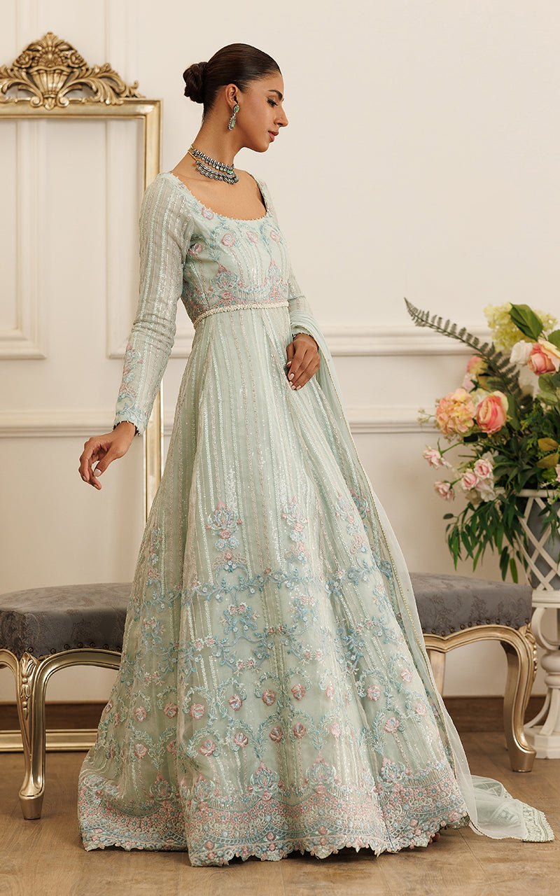 Pakistani Mint Green Embroidered Organza Maxi Dress (2-Piece) - Image 6