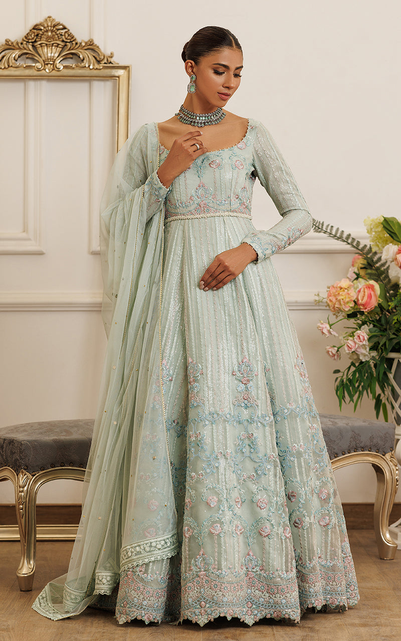 Pakistani Mint Green Embroidered Organza Maxi Dress (2-Piece) - Image 7