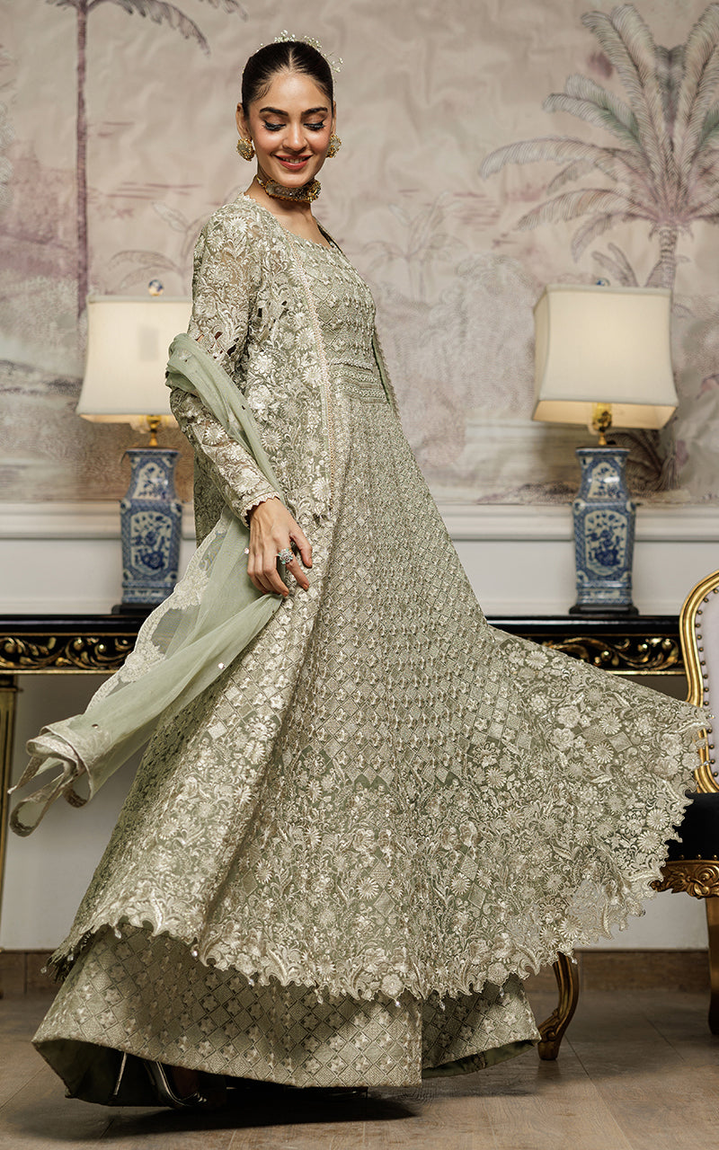 Pakistani Sage Green Embroidered Organza Maxi (3-Piece) - Image 1