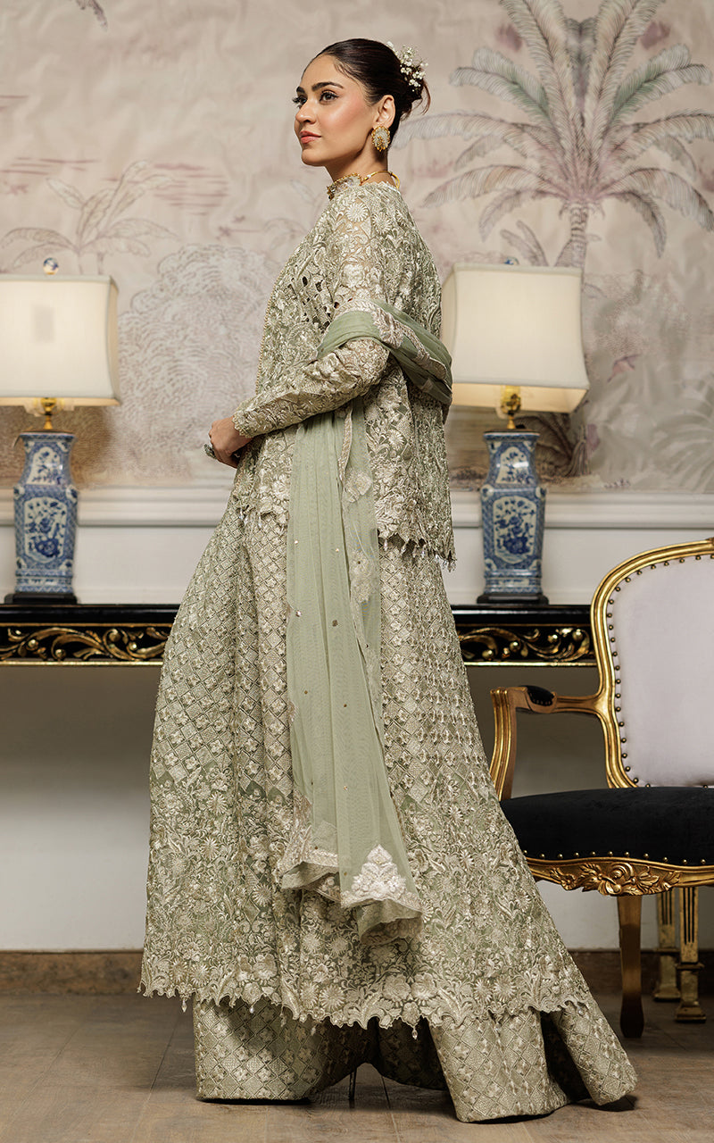 Pakistani Sage Green Embroidered Organza Maxi (3-Piece) - Image 2