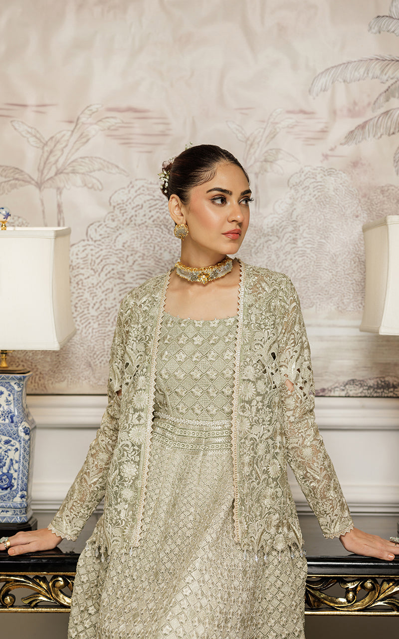 Pakistani Sage Green Embroidered Organza Maxi (3-Piece) - Image 3