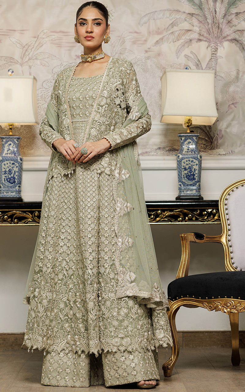 Pakistani Sage Green Embroidered Organza Maxi (3-Piece) - Image 4