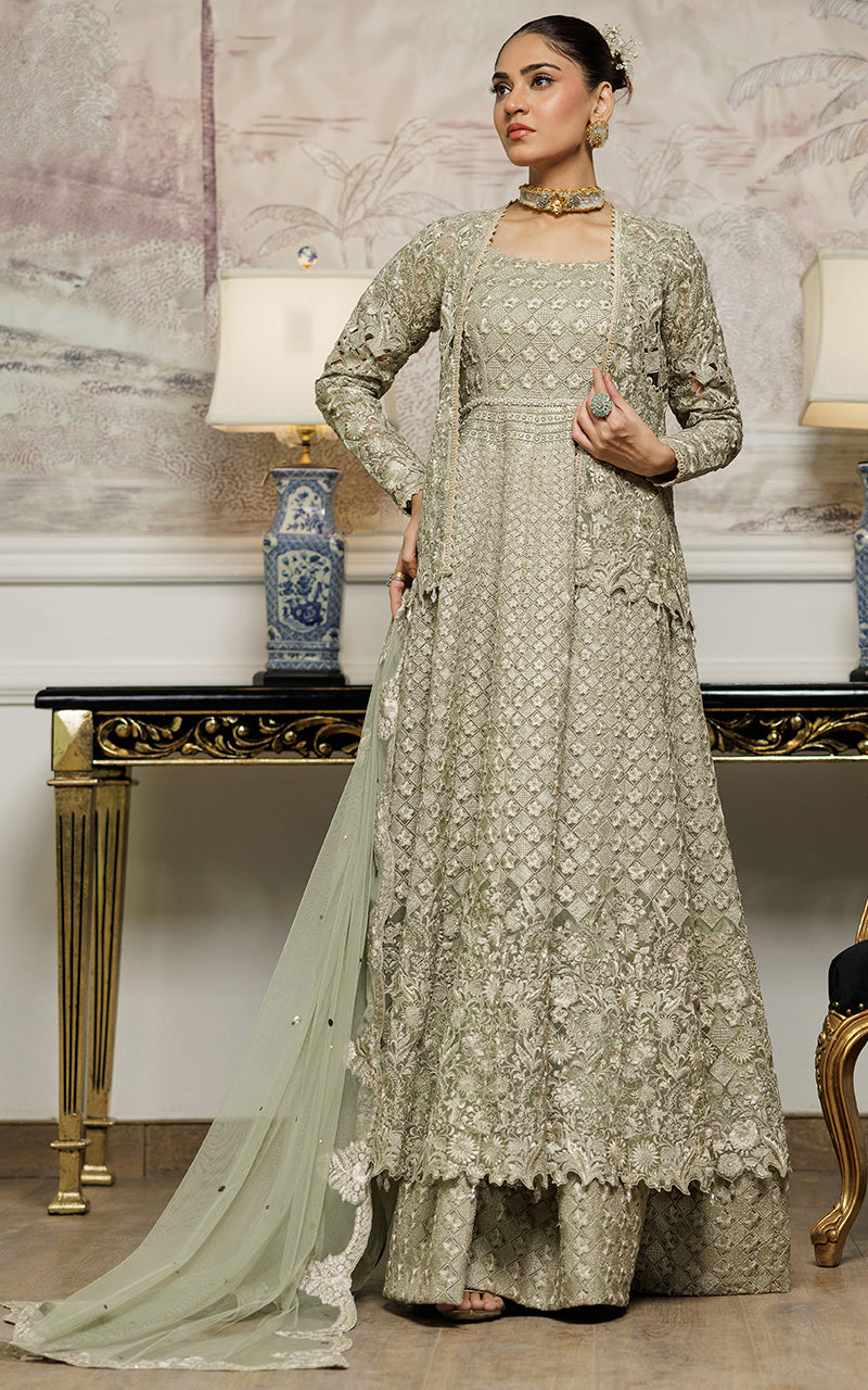 Pakistani Sage Green Embroidered Organza Maxi (3-Piece) - Image 5