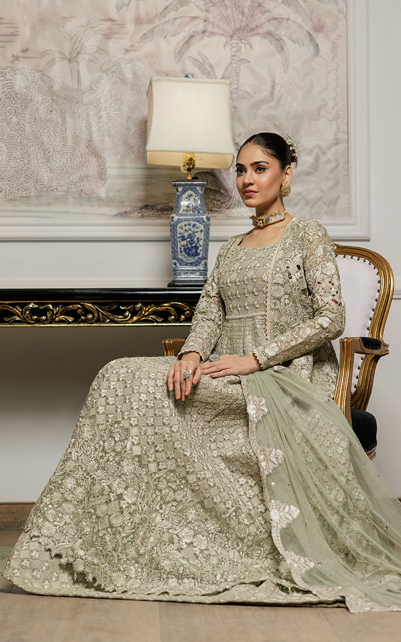 Pakistani Sage Green Embroidered Organza Maxi (3-Piece) - Image 6