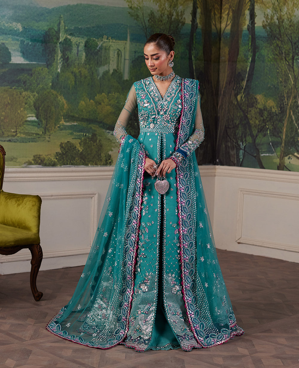 Pakistani Jade Green Embroidered Net & Raw Silk Bridal Maxi (3-Piece) - Image 2