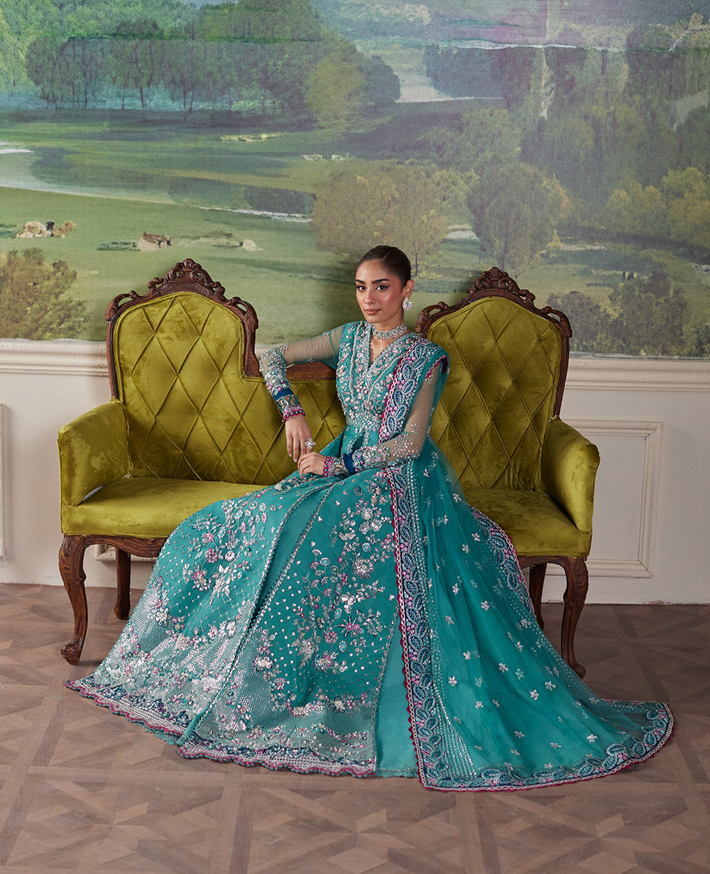 Pakistani Jade Green Embroidered Net & Raw Silk Bridal Maxi (3-Piece) - Image 3