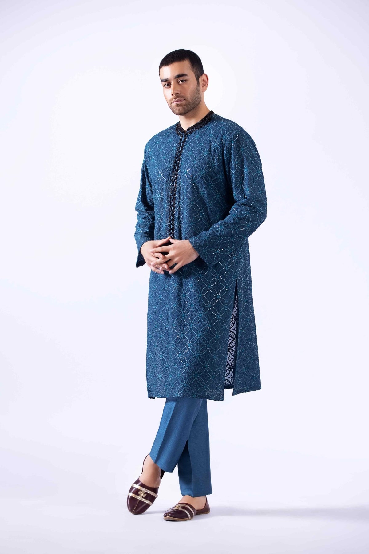 Teal Zardozi Embroidered Chiffon Kurta (3-Piece) - Image 1