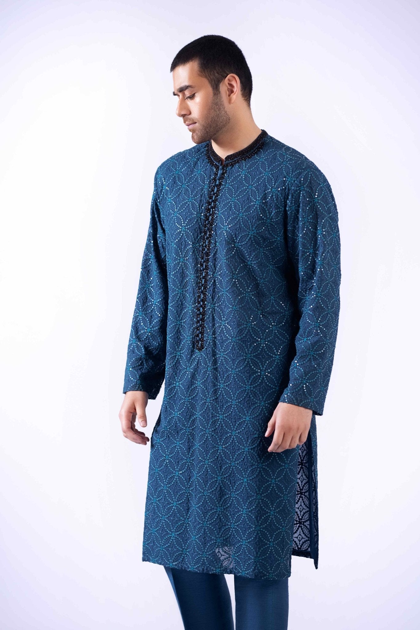 Teal Zardozi Embroidered Chiffon Kurta (3-Piece) - Image 4