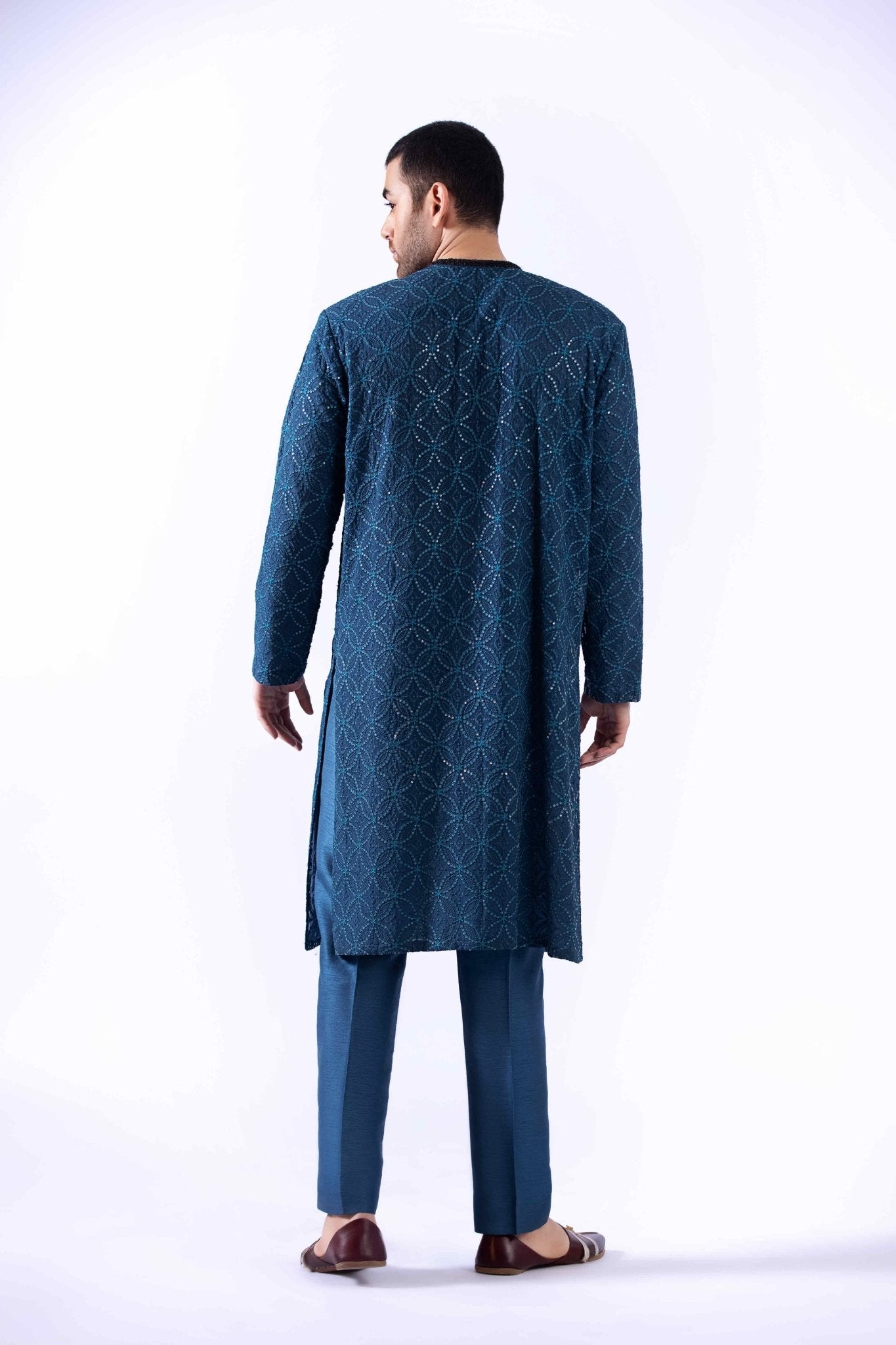 Teal Zardozi Embroidered Chiffon Kurta (3-Piece) - Image 8