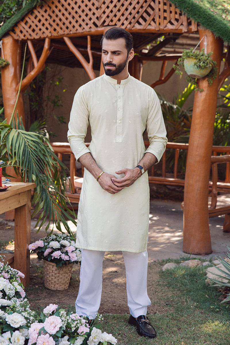 Sage Green Embroidered Cotton Kurta Set (2-Piece) - Image 1