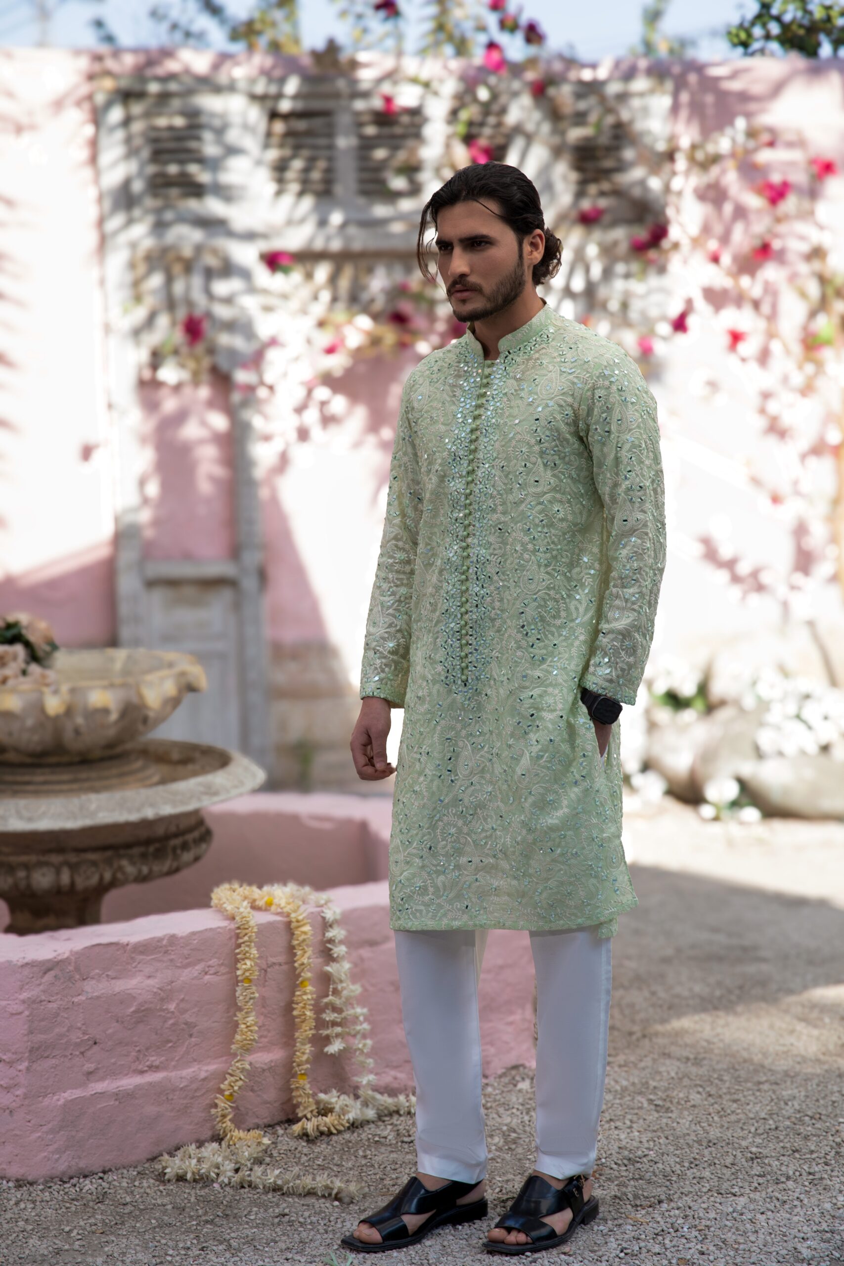 Mint Green Chikankari & Mirror Work Cotton-Silk Kurta (2-Piece) - Image 1