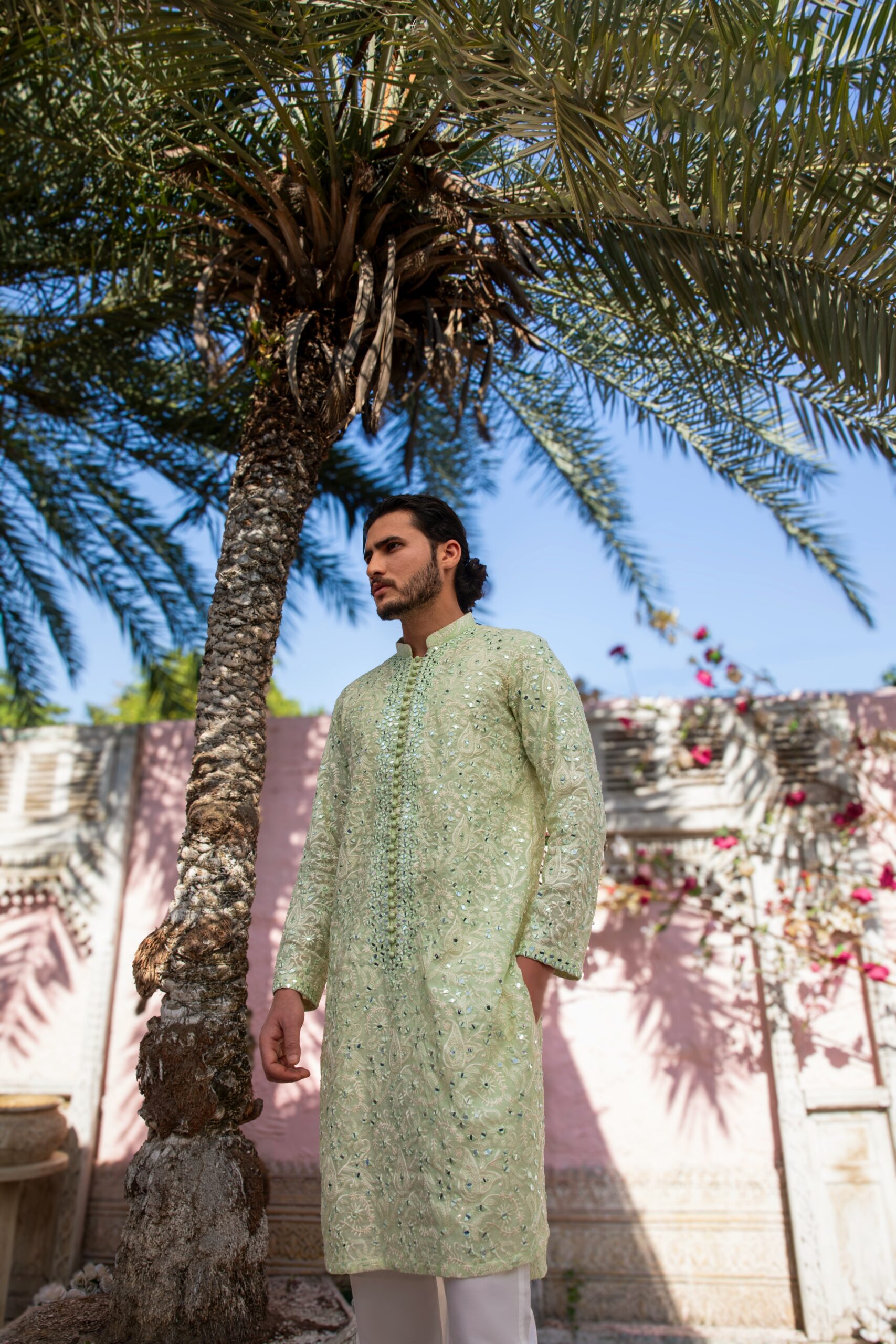 Mint Green Chikankari & Mirror Work Cotton-Silk Kurta (2-Piece) - Image 2
