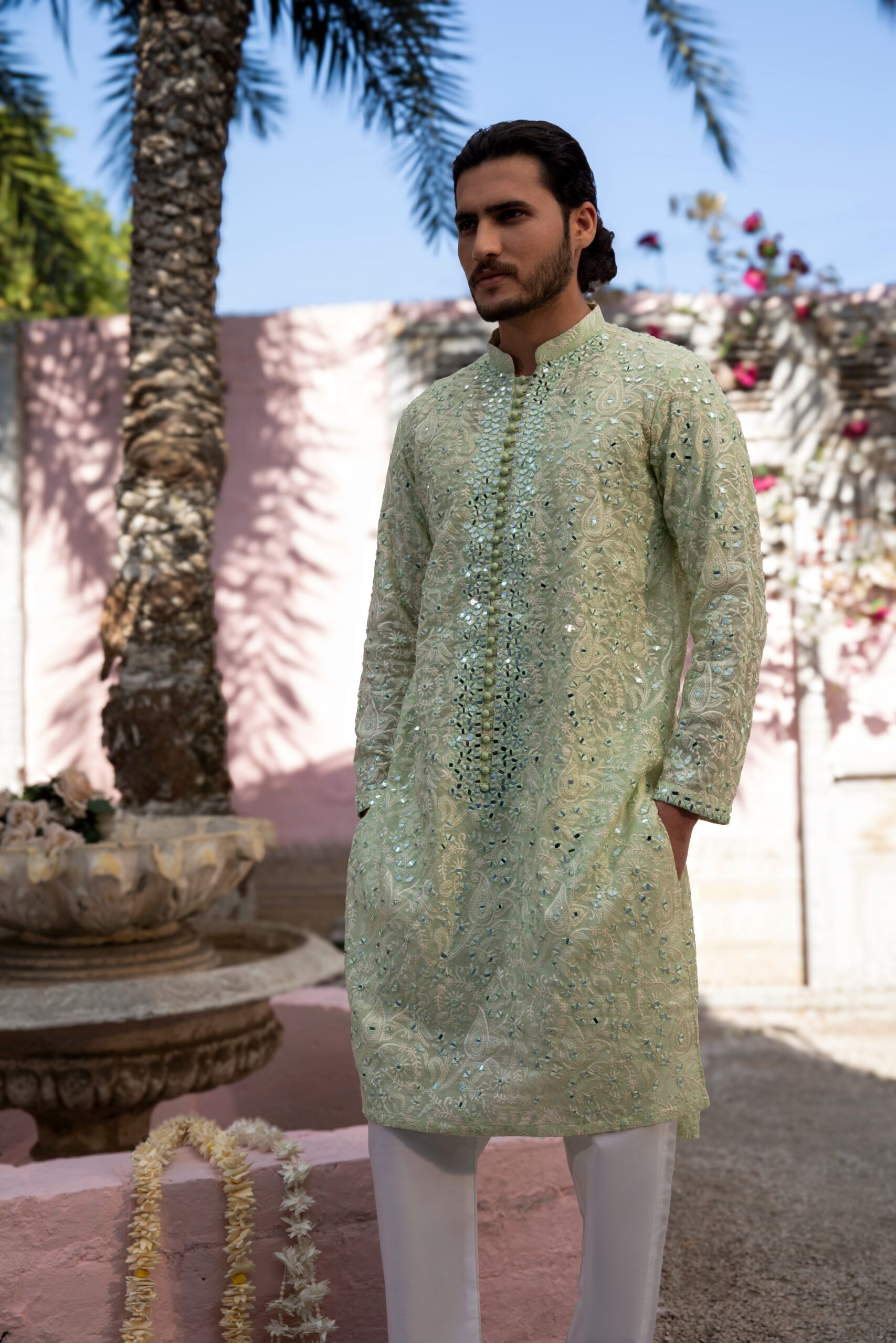 Mint Green Chikankari & Mirror Work Cotton-Silk Kurta (2-Piece) - Image 3