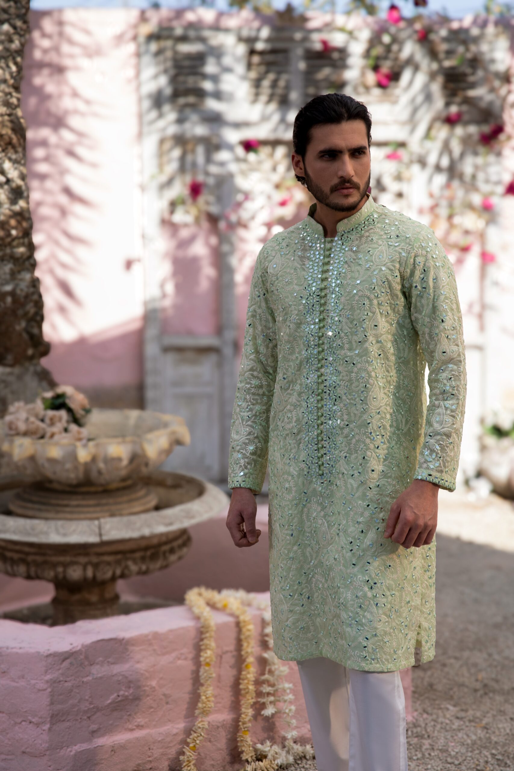 Mint Green Chikankari & Mirror Work Cotton-Silk Kurta (2-Piece) - Image 4