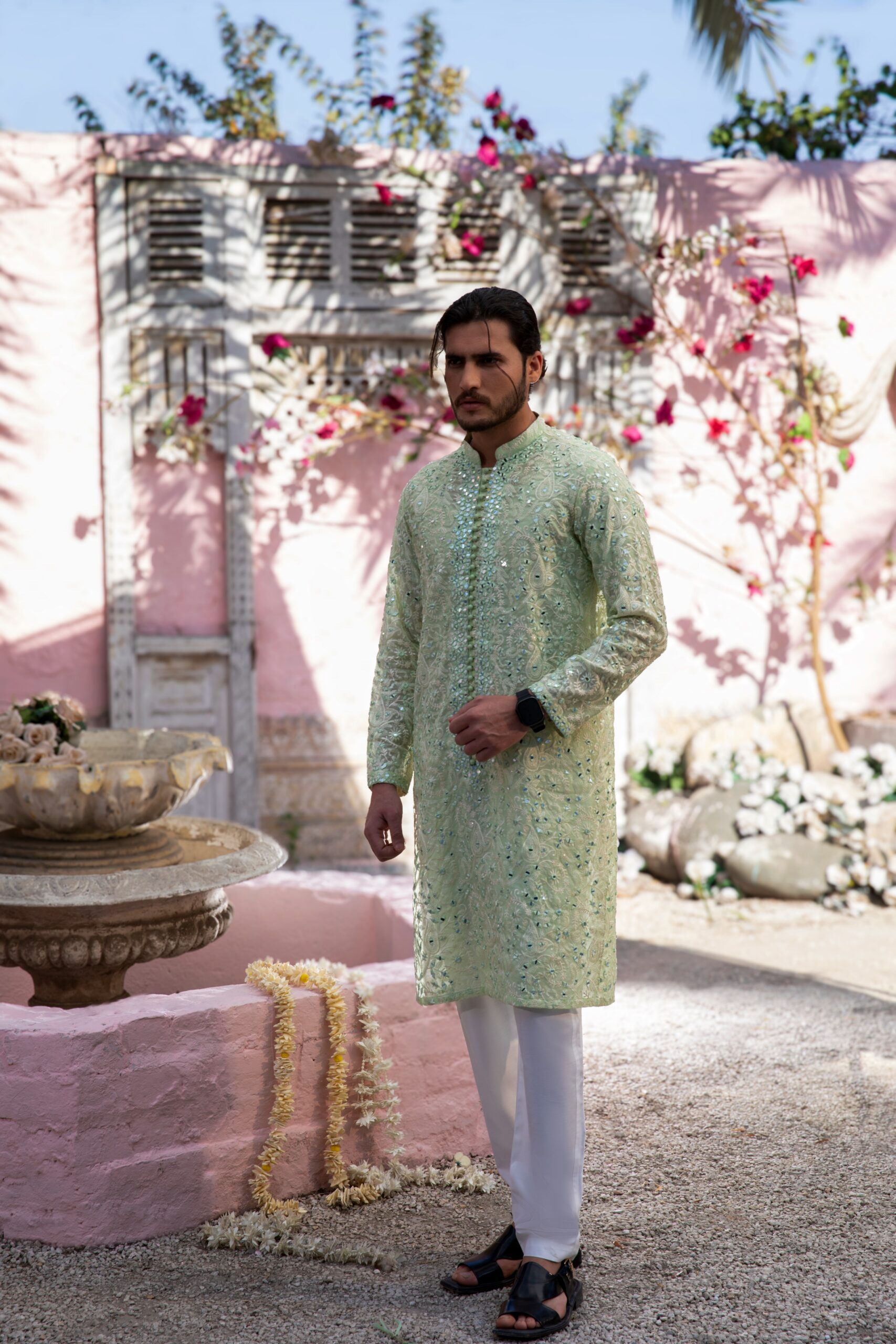 Mint Green Chikankari & Mirror Work Cotton-Silk Kurta (2-Piece) - Image 5