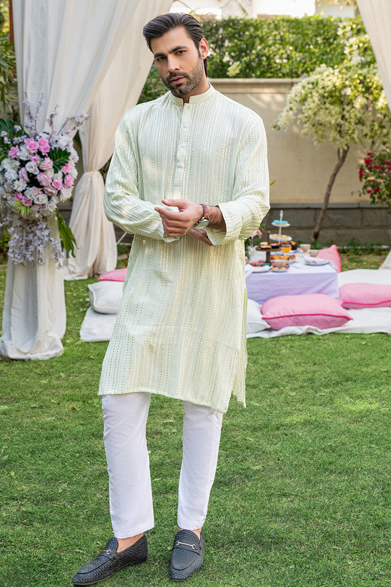 Mint Embroidered Cotton-Silk Kurta (2-Piece) - Image 1