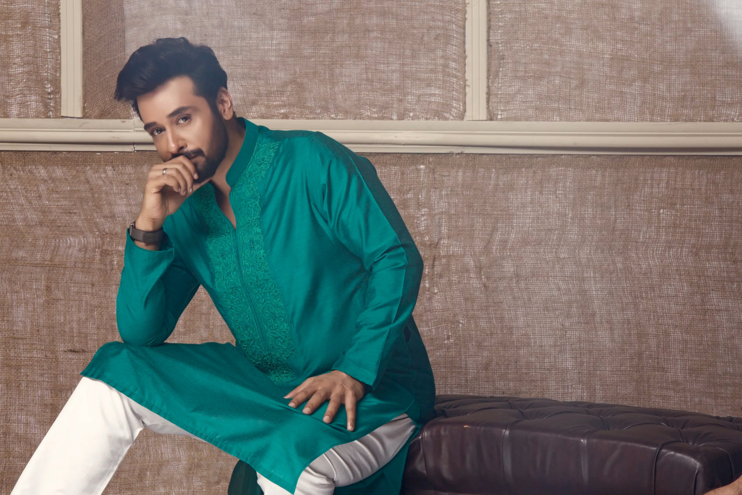 Teal Green Embroidered Cotton-Silk Kurta (2-Piece) - Image 1
