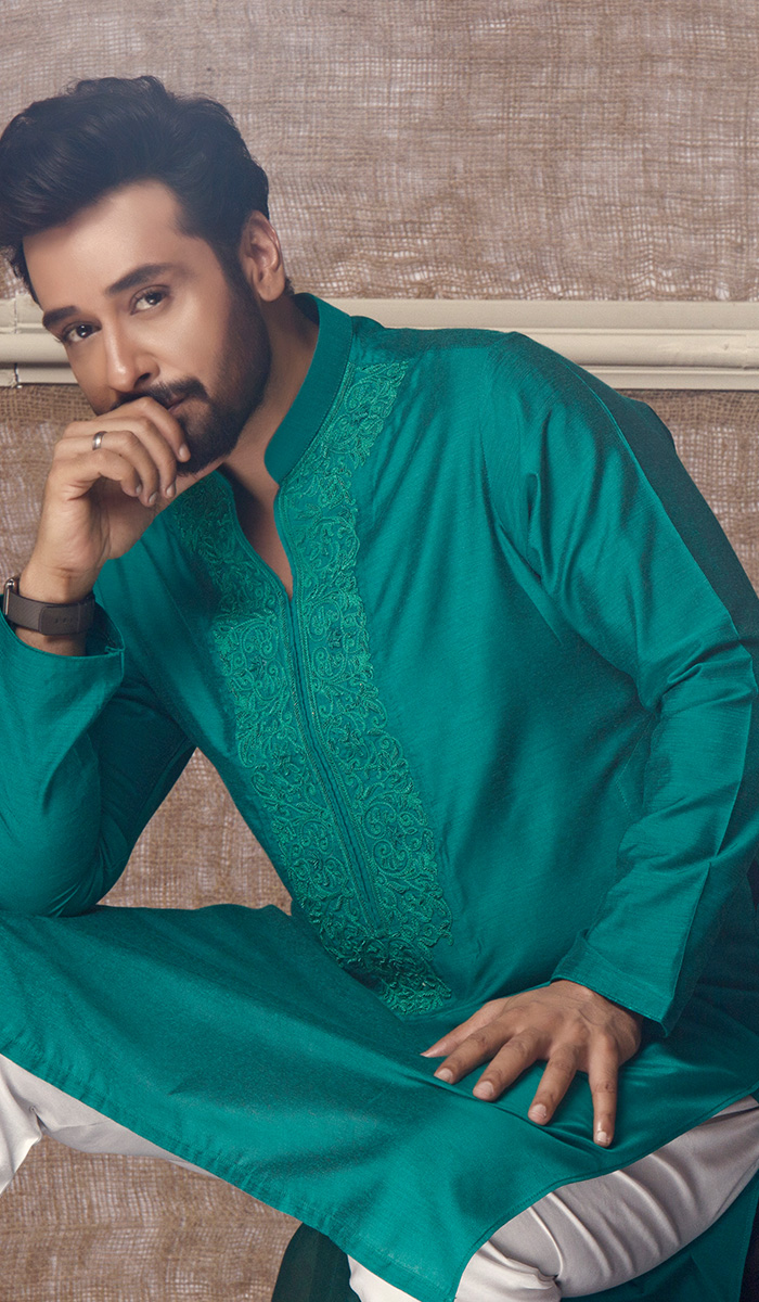 Teal Green Embroidered Cotton-Silk Kurta (2-Piece) - Image 2
