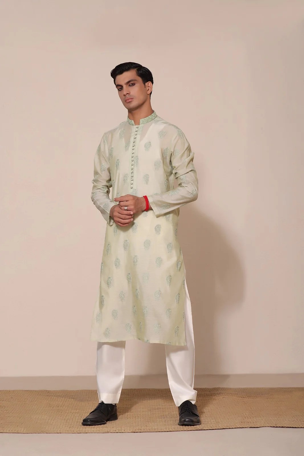 Celery Ice Embroidered Cotton-Silk Kurta (2-Piece) - Image 1