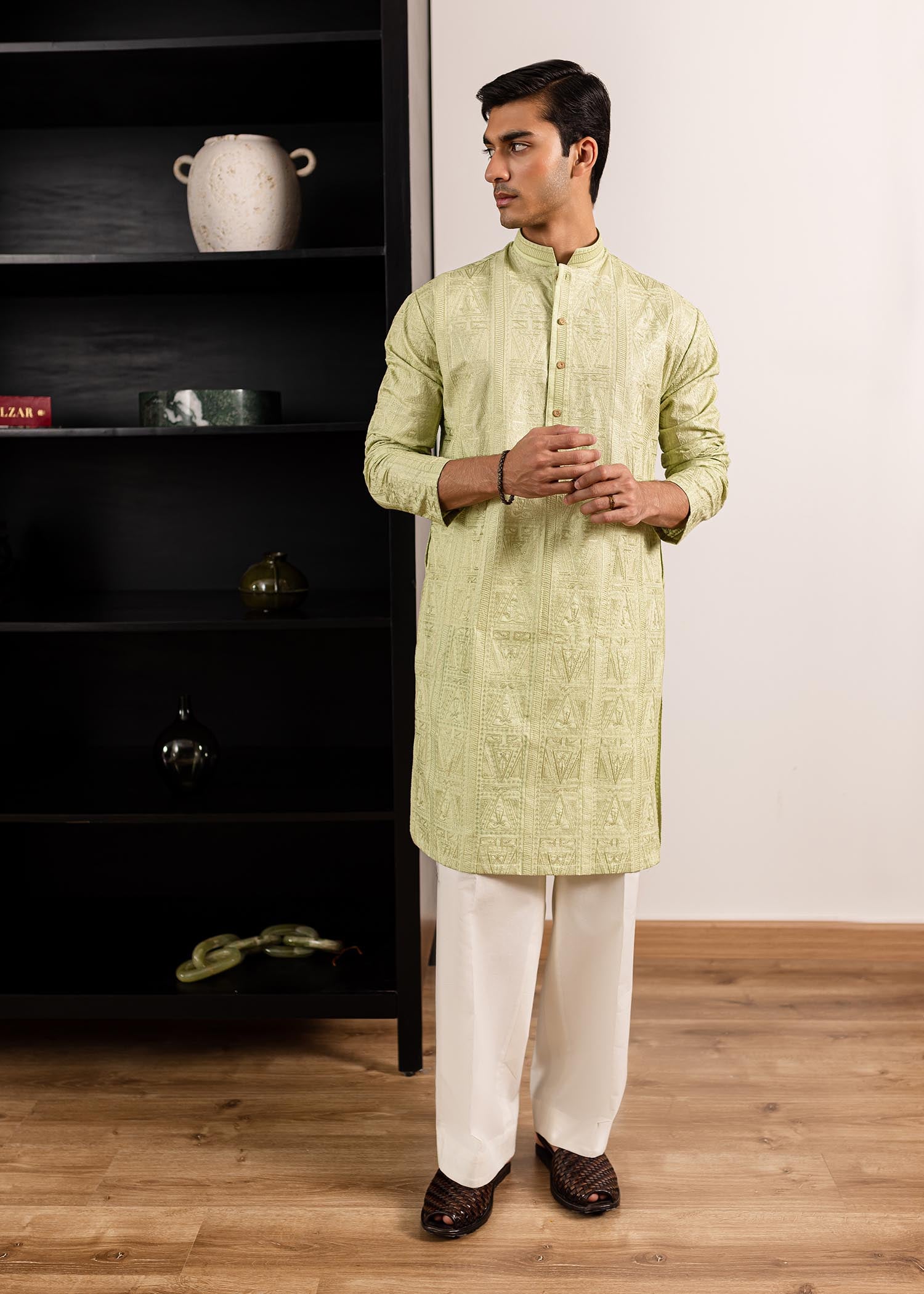 Mint Green Self-Embroidered Cotton Kurta (2-Piece) - Image 1