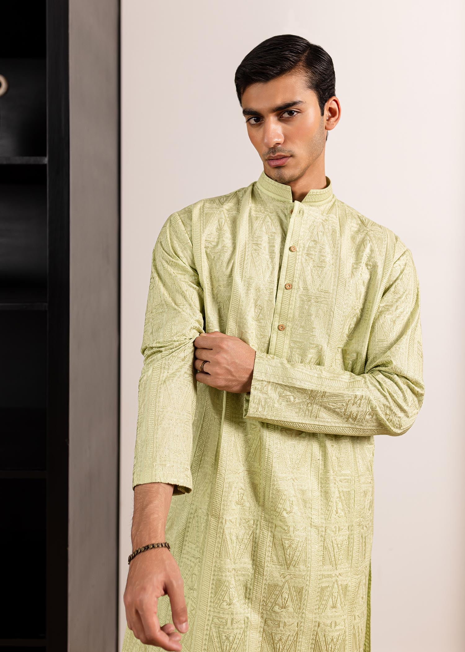 Mint Green Self-Embroidered Cotton Kurta (2-Piece) - Image 2
