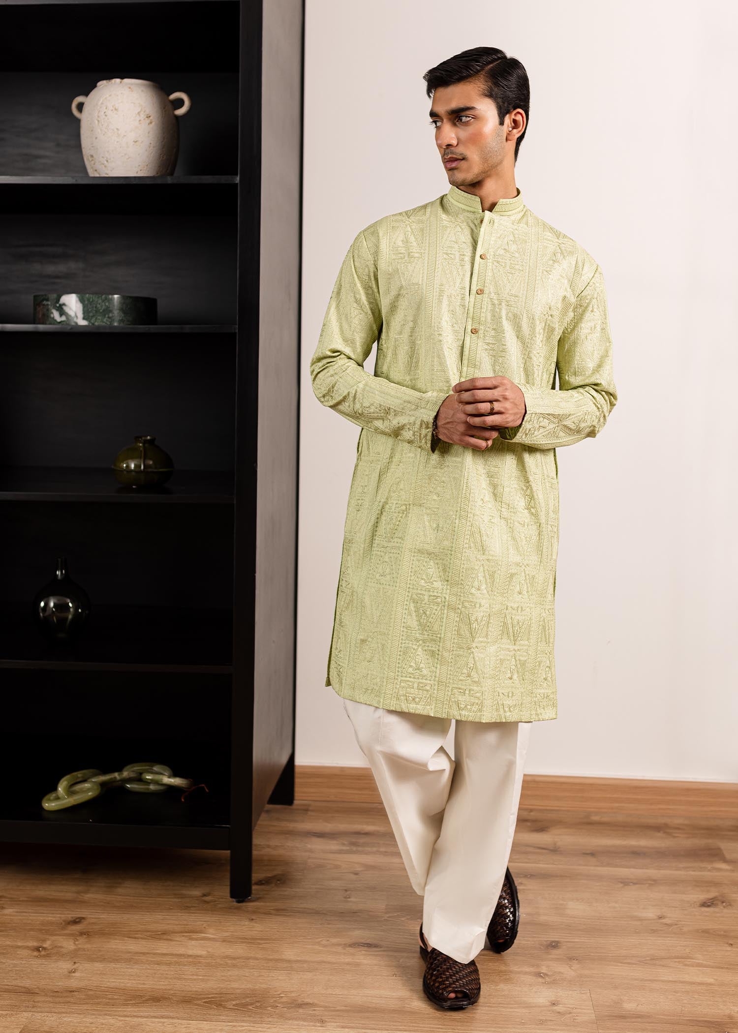 Mint Green Self-Embroidered Cotton Kurta (2-Piece) - Image 3
