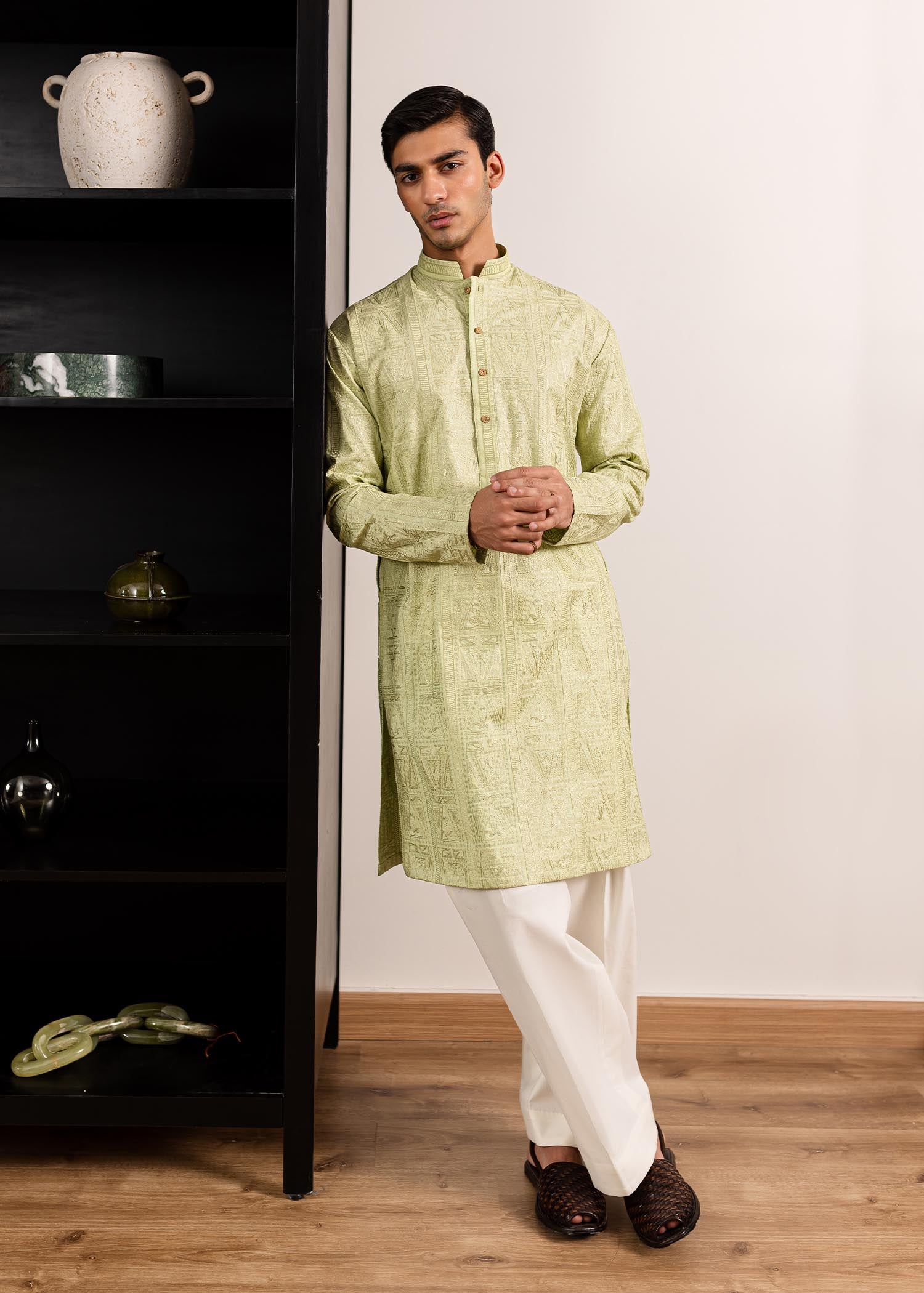 Mint Green Self-Embroidered Cotton Kurta (2-Piece) - Image 4