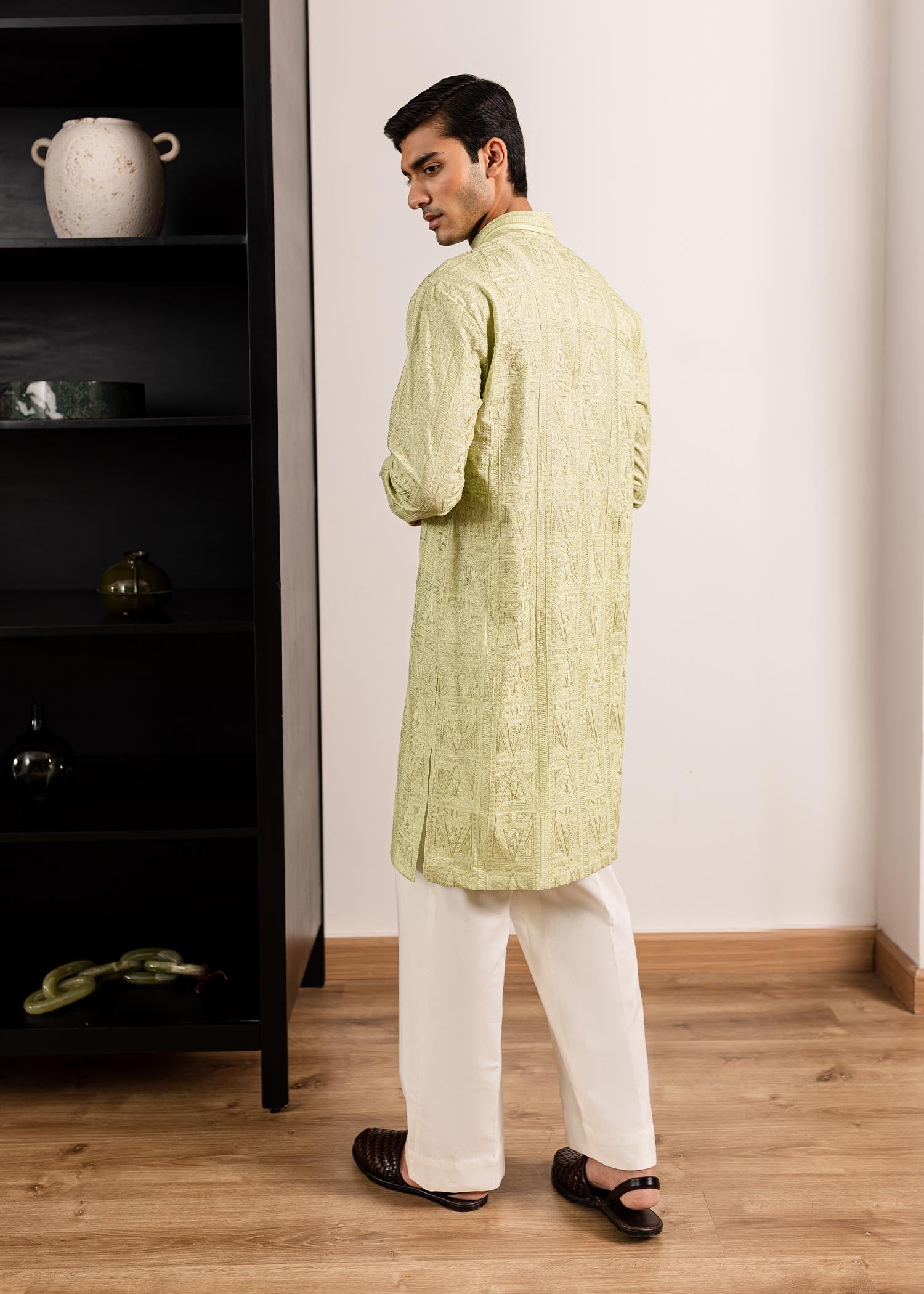 Mint Green Self-Embroidered Cotton Kurta (2-Piece) - Image 6