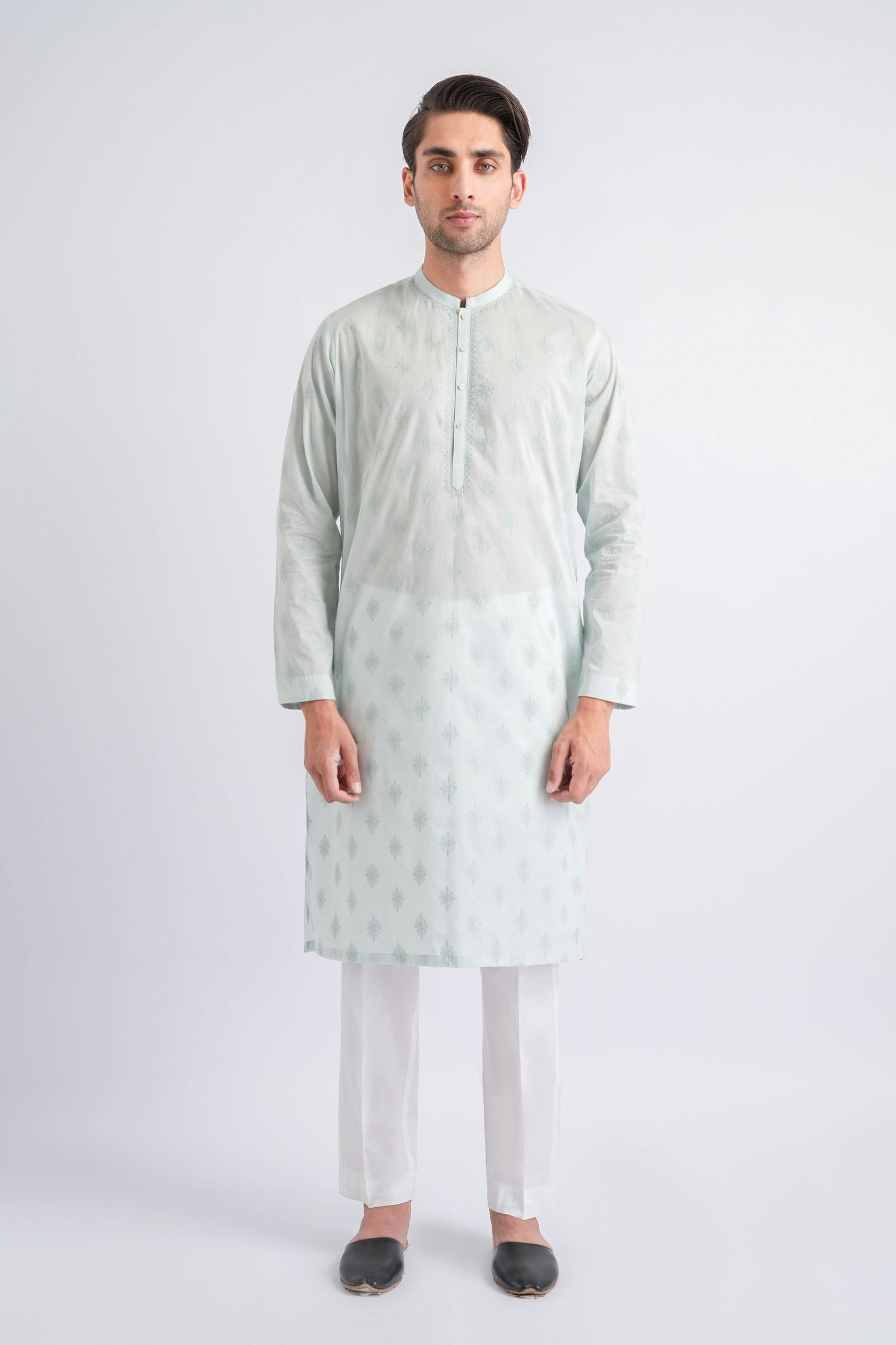 Mint Green Embroidered Egyptian Cotton Kurta (2-Piece) - Image 1
